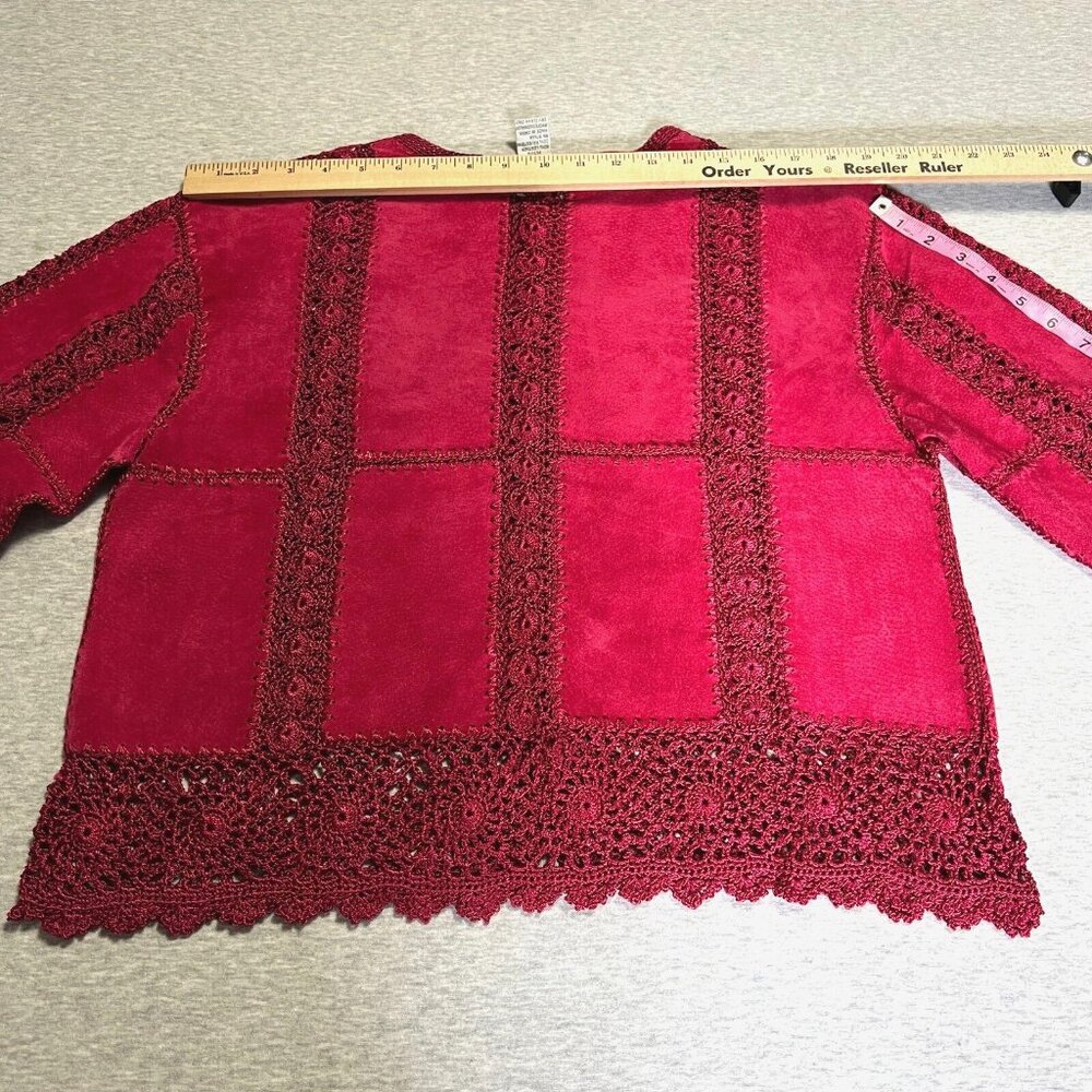 Vintage Suede Crochet‎ Jacket Womens Large Petite Pink Fushia Patchwork Boho SMH - Picture 6 of 12